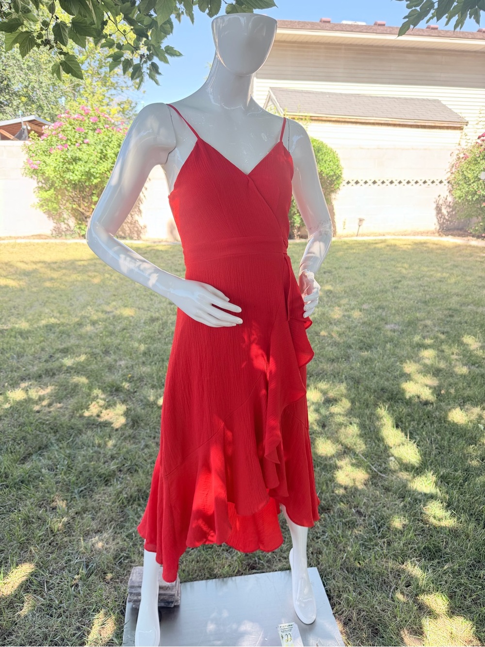 The Impeccable Pig Red Ruffle Wrap Midi Dress